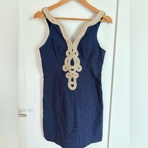 Navy Emery Shift Dress with Gold Trim
